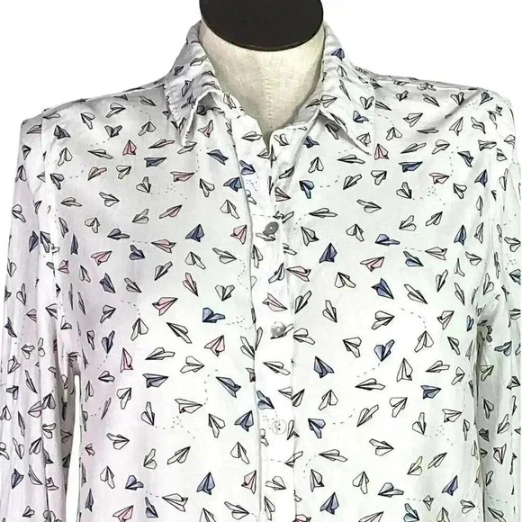 Jane and Delancey Top Women L White Multi Paper Airplane Button Up Blouse - Picture 3 of 9